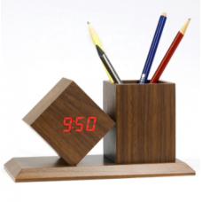WOODEN CLOCK WITH PEN HOLDER - BROWN