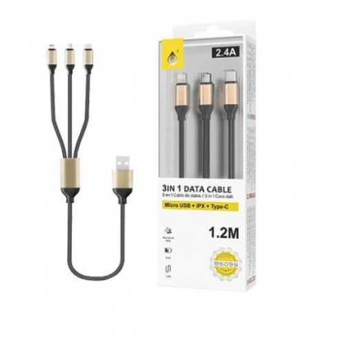 USB ΚΑΛΩΔΙΟ MTK 3 ΣΕ 1 (MICRO USB-IPHONE-TYPE C) 2A 1.2m - ΜΑΥΡΟ