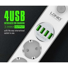Πολύπριζο ασφαλείας 4 θέσεων με 4 θύρες USB 3.4A LDNIO SE4432